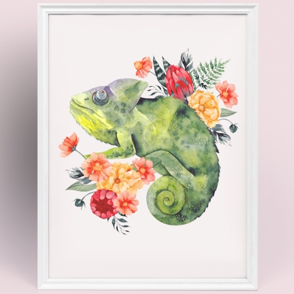 Wall Art Watercolor Floral Chameleon Illustration Print Poster Unframed - Picture 2 of 6